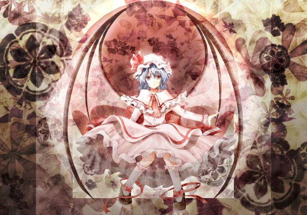 Anime picture 1200x840 with touhou remilia scarlet shirayuki mutsumi single short hair red eyes silver hair girl dress ribbon (ribbons) hat wings