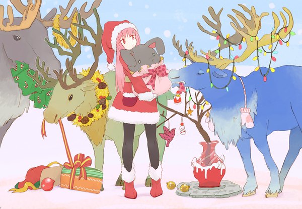 Anime picture 1439x1000 with original mokeo single long hair fringe simple background red eyes standing holding looking away pink hair full body outdoors long sleeves horn (horns) fur trim snowing christmas snow serious