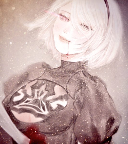 Anime-Bild 1820x2048 mit nier nier:automata yorha no. 2 type b nikawamin single tall image looking at viewer fringe highres short hair upper body white hair pink eyes lips hair over one eye mole mole under mouth bloody clothes bleeding girl