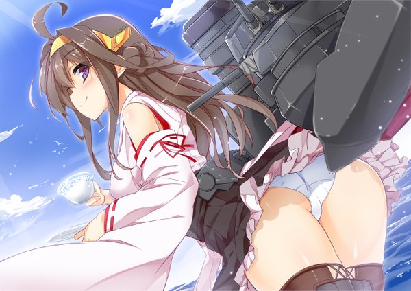 Anime picture 1280x905 with kantai collection kongou battleship mtu (orewamuzituda) single long hair blush light erotic smile brown hair purple eyes sky cloud (clouds) ahoge ass traditional clothes looking back nontraditional miko girl hair ornament underwear