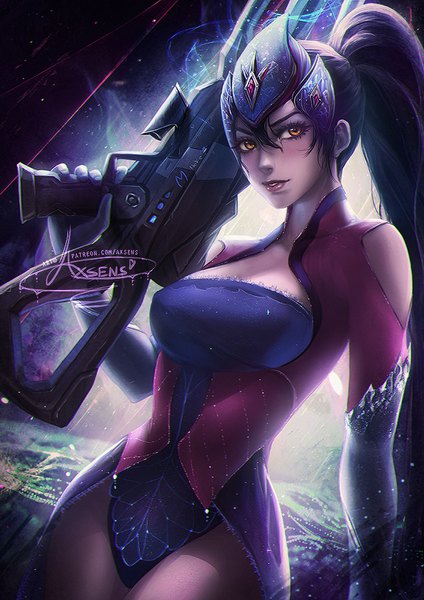Anime picture 636x900 with overwatch blizzard entertainment widowmaker (overwatch) axsen single long hair tall image fringe breasts light erotic hair between eyes standing holding brown eyes signed looking away purple hair ponytail parted lips light smile