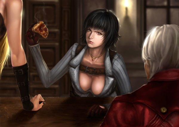 Anime picture 1754x1240 with devil may cry dante (devil may cry) lady (devil may cry) trish jakuroi (pixiv) highres short hair light erotic black hair cleavage white hair from behind realistic heterochromia girl boy gloves food pizza