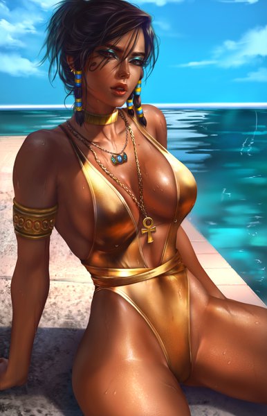 Anime-Bild 2500x3890 mit overwatch blizzard entertainment pharah (overwatch) logan cure single tall image looking at viewer fringe highres short hair breasts light erotic black hair hair between eyes large breasts sitting brown eyes payot sky cloud (clouds)