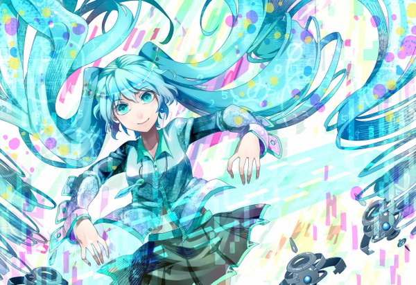 Anime picture 1264x868 with vocaloid hatsune miku irohara mitabi single smile twintails very long hair aqua eyes aqua hair girl skirt pendant