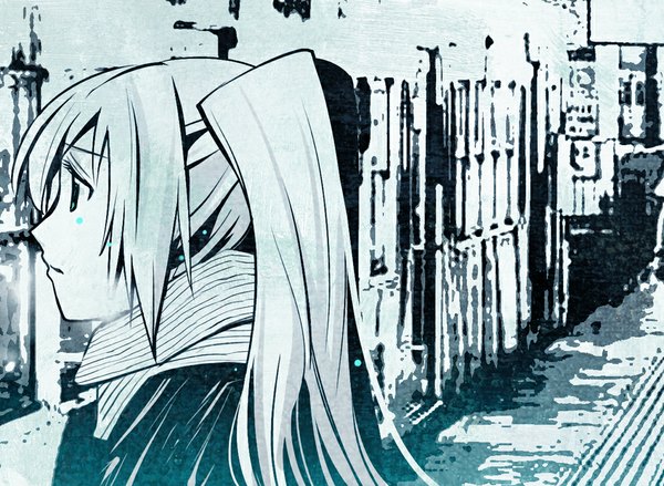 Аниме картинка 1000x733 с вокалоид хацунэ мику hino kahoru один (одна) длинные волосы два хвостика профиль слёзы город монохромное девушка шарф