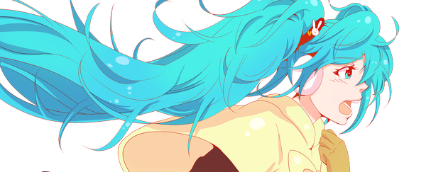 Anime picture 2217x900 with vocaloid hatsune miku gino0808 single highres open mouth wide image twintails very long hair aqua eyes aqua hair transparent background girl hair ornament headphones cape