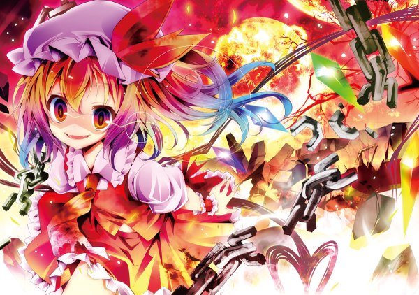 Anime picture 1200x845 with touhou flandre scarlet kamiya yuu single long hair looking away multicolored hair one side up gradient hair shaded face multicolored eyes girl hat wings chain bonnet crystal