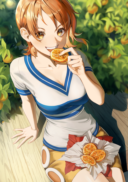 Anime picture 2894x4093 with one piece toei animation nami (one piece) yoshiyoshiwa single tall image looking at viewer blush fringe highres short hair breasts open mouth smile large breasts sitting holding cleavage outdoors :d