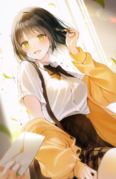 Anime picture 2491x3834 with original 2sham long hair tall image looking at viewer blush fringe highres open mouth black hair smile yellow eyes blunt bangs braid (braids) nail polish :d arm up blurry off shoulder open jacket