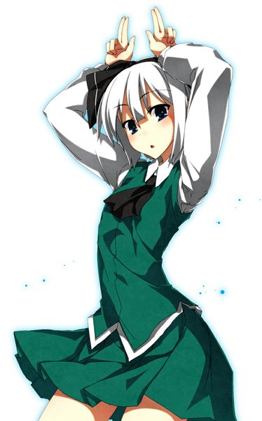 Anime picture 700x1122 with touhou konpaku youmu sazanami mio single tall image looking at viewer blush short hair open mouth blue eyes simple background white background silver hair arms up :o bunny pose girl skirt hair ornament bow