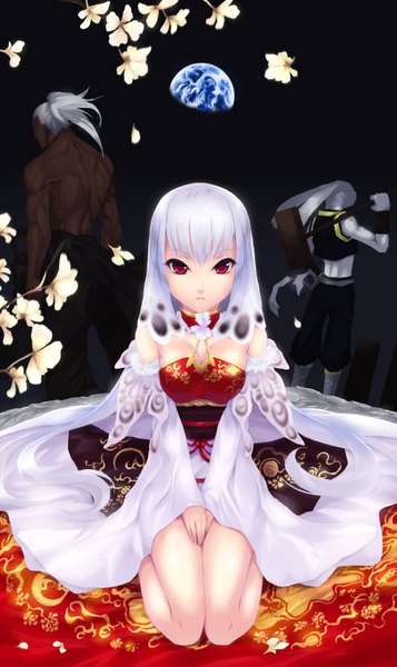 Anime picture 900x1512 with original cait long hair tall image looking at viewer red eyes white hair dark skin girl dress boy flower (flowers) detached sleeves animal bunny earth hammer