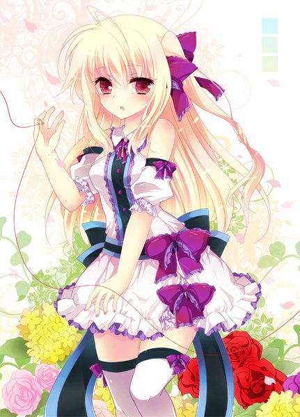 Anime picture 582x809 with original ichiyou moka single long hair tall image blonde hair red eyes white background ahoge parted lips :o girl thighhighs dress flower (flowers) bow hair bow petals white thighhighs frills