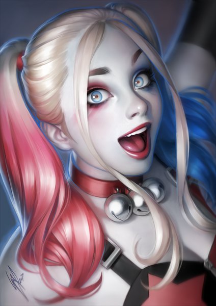 Anime picture 700x990 with batman dc comics harley queen warrenlouw single long hair tall image looking at viewer fringe open mouth blue eyes simple background blonde hair smile twintails signed payot blue hair upper body red hair