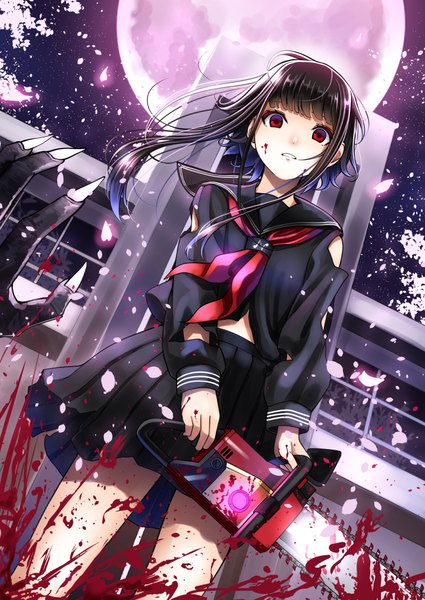 Anime picture 752x1062 with original kentaurosu single tall image looking at viewer fringe short hair open mouth black hair red eyes standing holding payot ahoge outdoors blunt bangs long sleeves pleated skirt fingernails wind