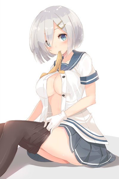 Anime picture 800x1200 with kantai collection hamakaze destroyer kagerou (shadowmage) single tall image looking at viewer blush short hair breasts blue eyes light erotic white background holding white hair open shirt mouth hold girl skirt miniskirt shirt