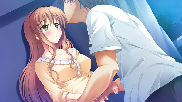 Anime picture 1280x720 with atled everlasting song long hair brown hair wide image yellow eyes game cg couple girl boy hairband