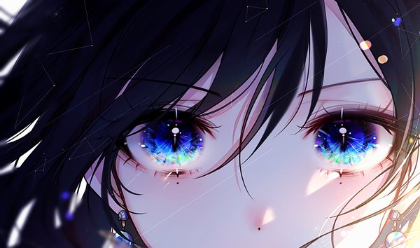 Anime picture 2164x1276 with original 58 (opal 00 58) single looking at viewer fringe highres blue eyes black hair hair between eyes wide image mole mole under eye close-up eyes constellation girl earrings star (stars)