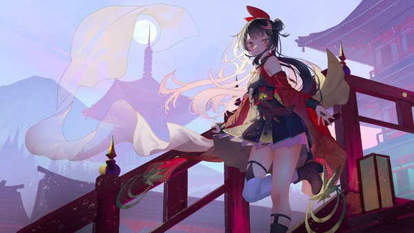 Anime picture 1920x1080 with original saraki single long hair looking at viewer highres black hair wide image standing outdoors standing on one leg architecture east asian architecture girl ribbon (ribbons) hair ribbon detached sleeves moon full moon railing