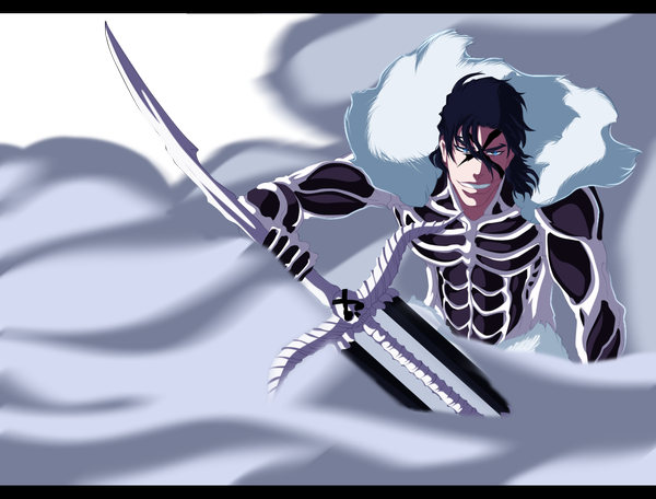 Anime picture 1400x1065 with bleach studio pierrot ginjou kuugo igeerr single short hair blue eyes black hair smile coloring letterboxed smoke transparent background boy weapon sword armor fur skull