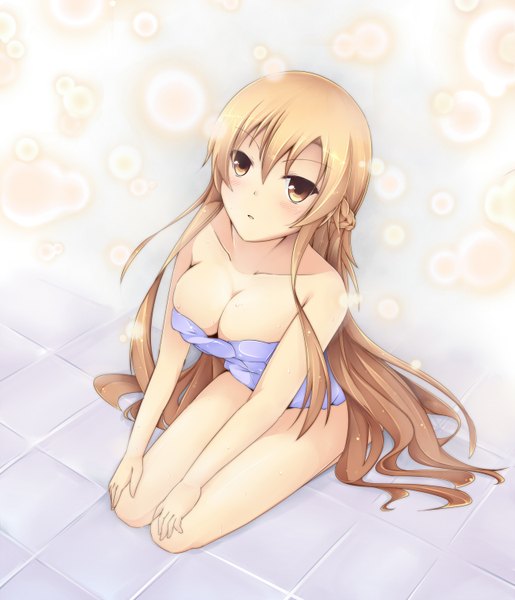 Anime picture 1289x1500 with sword art online a-1 pictures yuuki asuna chiyami single long hair tall image looking at viewer blush breasts light erotic blonde hair yellow eyes naked towel girl towel