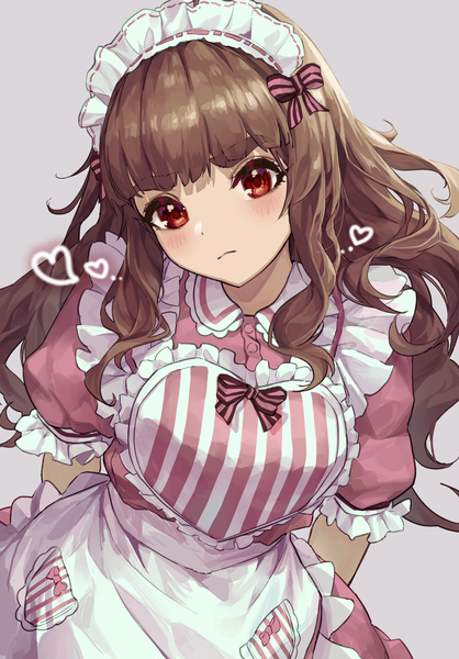 Anime picture 1881x2702 with idolmaster idolmaster cinderella girls idolmaster cinderella girls starlight stage kamiya nao shino sto single long hair tall image fringe highres simple background red eyes brown hair looking away blunt bangs maid puffy sleeves eyebrows hands behind back devilish evening party