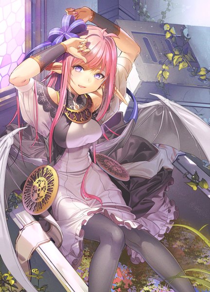 Anime picture 721x1000 with original koyoi mitsuki single long hair tall image looking at viewer breasts open mouth smile sitting purple eyes pink hair ahoge head tilt pointy ears arms up demon girl bat wings demon wings girl