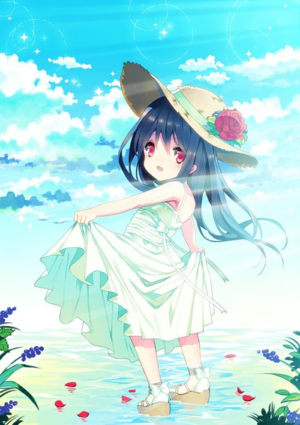 Anime picture 800x1131 with original rugo single long hair tall image blush open mouth black hair sky cloud (clouds) pink eyes looking back loli dress flower (flowers) hat petals sundress
