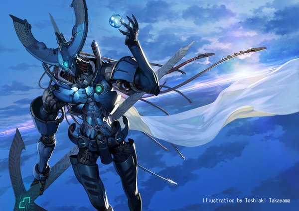 Anime picture 1684x1191 with original takayama toshiaki single signed sky cloud (clouds) magic glowing weapon sun wire (wires) crystal robot mecha