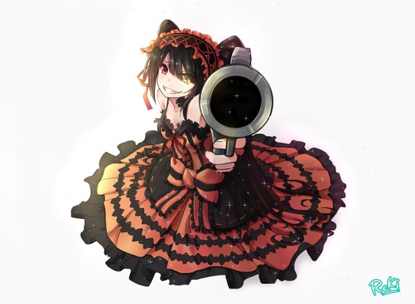 Anime picture 2450x1800 with date a live tokisaki kurumi reki (lichk) single long hair looking at viewer highres black hair simple background smile white background twintails heterochromia girl dress bow weapon frills gun musket