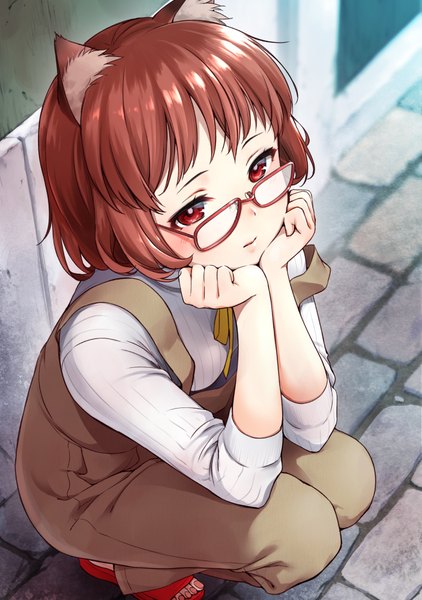 Anime picture 703x1000 with original umakuchi shouyu single tall image looking at viewer blush fringe short hair red eyes brown hair sitting animal ears bent knee (knees) outdoors from above light smile cat ears off shoulder arm support cat girl