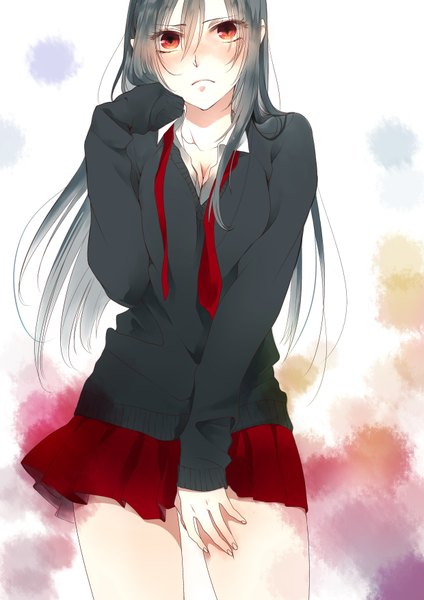 Anime picture 2480x3507 with original tayuya1130 single long hair tall image highres black hair red eyes long sleeves girl skirt miniskirt necktie sweater