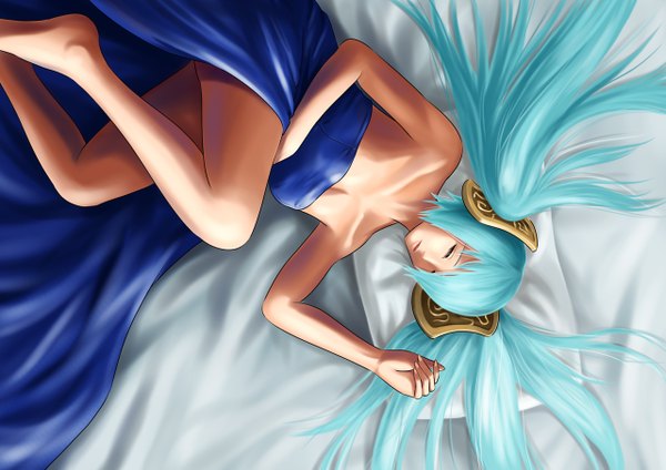 Anime picture 1280x905 with league of legends sona buvelle single long hair light erotic twintails eyes closed aqua hair legs sleeping girl pillow bed