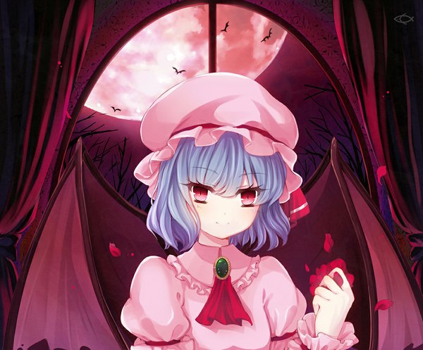 Anime picture 1100x912 with touhou remilia scarlet philomelalilium single short hair red eyes blue hair bat wings red moon girl dress petals wings bonnet brooch bat
