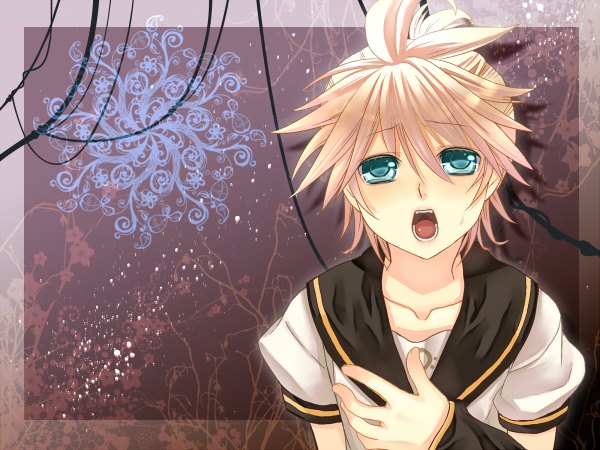 Anime picture 1200x900 with vocaloid kagamine len tamara single looking at viewer fringe short hair open mouth blonde hair hair between eyes aqua eyes wallpaper sailor collar boy