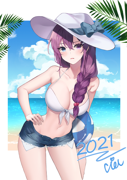 Anime picture 3035x4299 with original luxiel single long hair tall image looking at viewer blush highres breasts blue eyes light erotic large breasts standing purple eyes holding absurdres sky cleavage purple hair cloud (clouds)