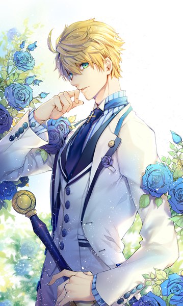 Anime picture 1923x3211 with fate (series) fate/grand order arthur pendragon (fate) kingchenxi single tall image looking at viewer fringe highres short hair blonde hair hair between eyes standing green eyes upper body ahoge hand to mouth boy flower (flowers) weapon