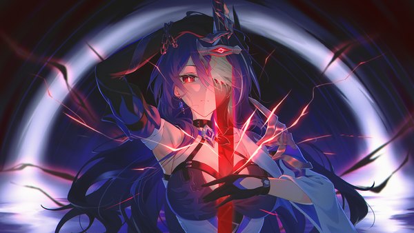 Anime picture 1600x900 with honkai: star rail honkai (series) acheron (honkai: star rail) holz single long hair looking at viewer fringe red eyes wide image holding purple hair upper body arm up hair over one eye armpit (armpits) electricity girl gloves weapon