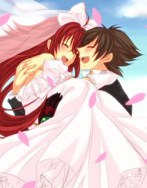 Anime picture 861x1100 with highschool dxd rias gremory hyoudou issei njigen hairitai long hair tall image blush fringe short hair open mouth smile brown hair bare shoulders sky ahoge red hair eyes closed arm support couple hug