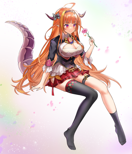 Anime picture 1200x1400 with virtual youtuber hololive kiryuu coco kiki-yu single long hair tall image breasts smile large breasts sitting looking away cleavage full body ahoge tail pleated skirt pink eyes horn (horns) pointy ears