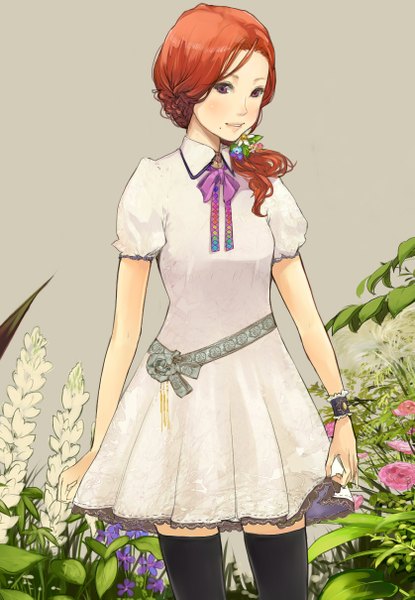 Anime picture 837x1209 with original shigureteki single long hair tall image blush smile standing holding red hair lips mole zettai ryouiki looking down mole under mouth girl hair ornament flower (flowers) bow ribbon (ribbons)