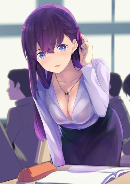 Anime picture 2480x3507 with fate (series) fate/stay night matou sakura tukamori syuuji long hair tall image looking at viewer blush fringe highres breasts open mouth blue eyes light erotic hair between eyes large breasts standing cleavage purple hair indoors