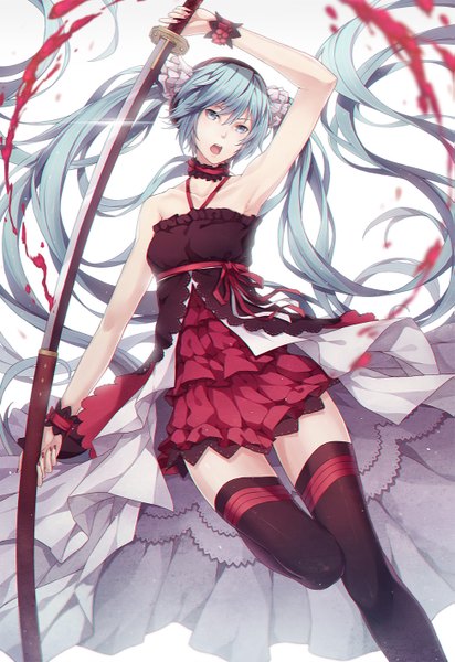 Anime picture 975x1417 with 7th dragon 7th dragon 2020 project diva f 2nd vocaloid hatsune miku kiyo (chaoschyan) single long hair tall image looking at viewer fringe open mouth simple background standing white background twintails holding bent knee (knees) nail polish aqua eyes