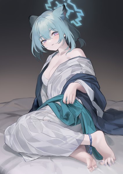 Anime picture 2480x3508 with blue archive shigure (blue archive) shigure (hot spring) (blue archive) nagata gata single tall image looking at viewer fringe highres short hair light erotic hair between eyes purple eyes animal ears full body nail polish traditional clothes japanese clothes barefoot off shoulder