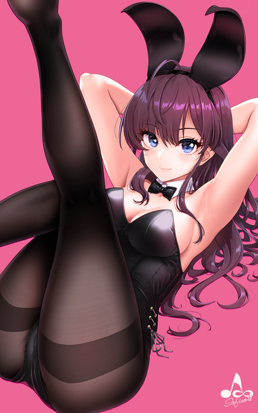 Anime picture 1002x1600 with idolmaster idolmaster cinderella girls ichinose shiki infinote single long hair tall image looking at viewer blush fringe breasts blue eyes light erotic simple background smile hair between eyes large breasts signed animal ears cleavage