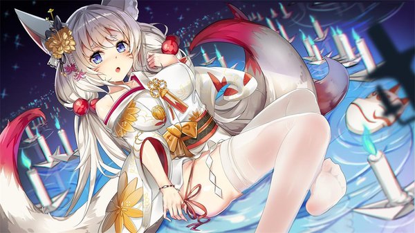 Anime picture 1075x604 with original yusan single long hair looking at viewer blush fringe breasts open mouth blue eyes light erotic hair between eyes wide image large breasts twintails animal ears silver hair tail traditional clothes japanese clothes