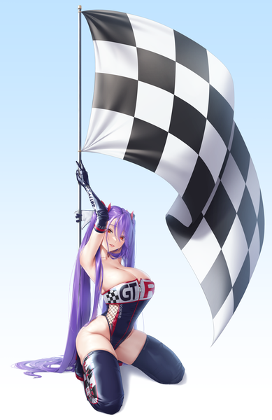 Anime picture 2300x3550 with original silver tokki single tall image looking at viewer fringe highres breasts light erotic simple background hair between eyes large breasts twintails holding cleavage purple hair full body very long hair parted lips head tilt