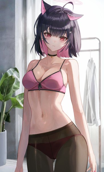 Anime picture 2539x4170 with blue archive kazusa (blue archive) jaduade single tall image looking at viewer blush fringe highres short hair breasts light erotic black hair red eyes standing animal ears ahoge indoors blunt bangs multicolored hair