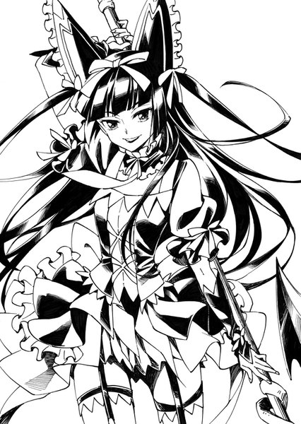 Anime picture 1065x1500 with gate - jieitai ka no chi nite kaku tatakaeri a-1 pictures rory mercury agahari single long hair tall image looking at viewer fringe simple background smile standing white background holding payot blunt bangs wind puffy sleeves monochrome arm behind head