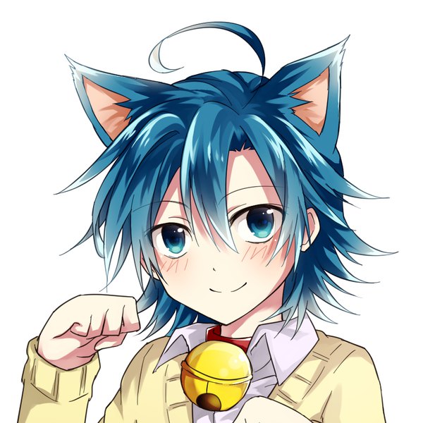 Anime picture 900x900 with yowamushi pedal sangaku manami tm-pika single looking at viewer blush fringe short hair blue eyes simple background smile hair between eyes white background animal ears blue hair ahoge cat ears portrait kemonomimi mode paw pose