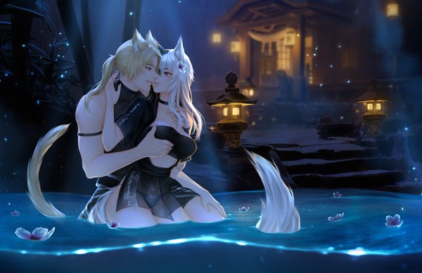 Anime picture 3211x2083 with shards of fate original kin (shards of fate) alqmia long hair highres breasts blue eyes light erotic black hair blonde hair smile large breasts purple eyes animal ears absurdres white hair ponytail tail animal tail